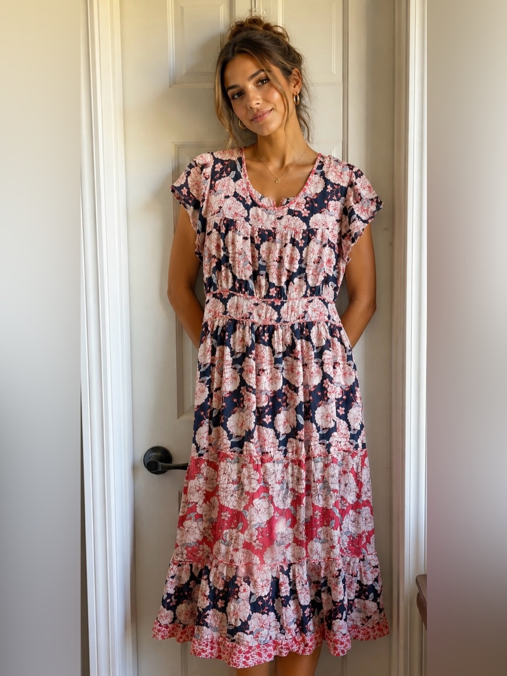 Knox Rose Navy and Pink Floral Tiered Midi Dress